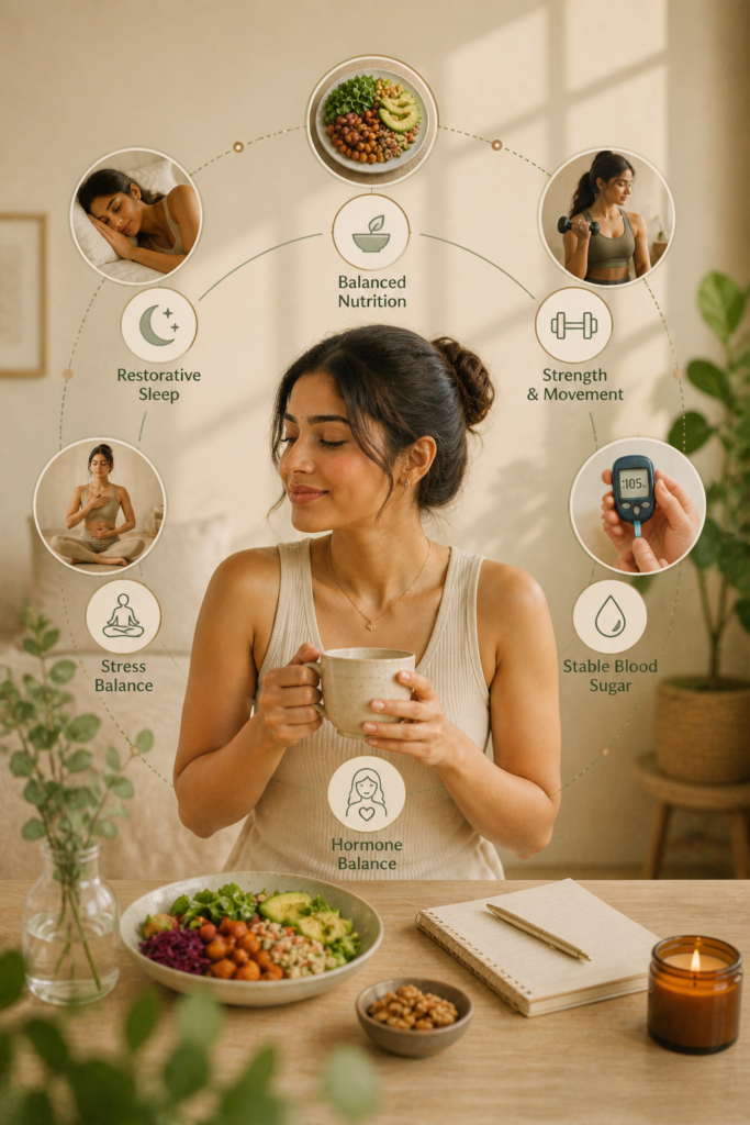 Woman with balanced nutrition and lifestyle habits for insulin resistance, blood sugar balance, sleep, stress, and movement.