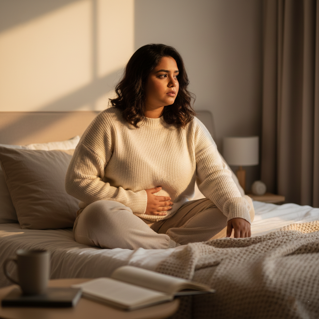 A girl suffering with bloating and constipation