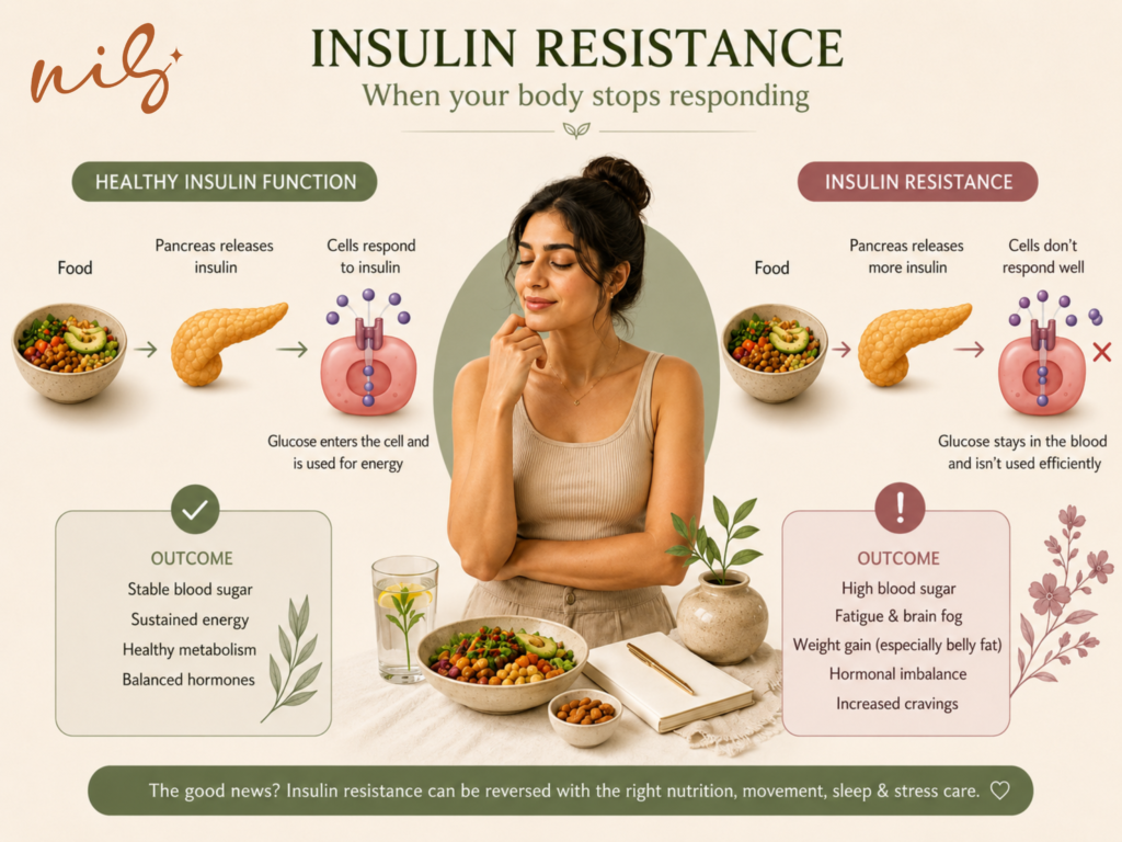 Insulin resistance infographic comparing healthy insulin function with poor insulin response and its effects on blood sugar, energy, and metabolism.