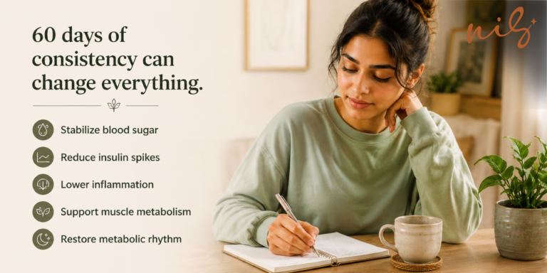 Woman journaling with 60-day lifestyle tips to support insulin resistance and blood sugar balance.