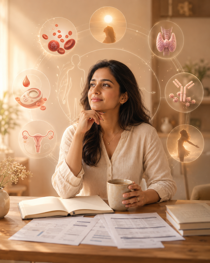 Indian woman reviewing her health reports, surrounded by soft illustrations representing ferritin, blood sugar, thyroid health, fertility and overall women’s wellness.