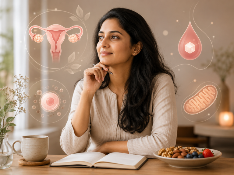 Indian woman reflecting on fertility health, surrounded by soft visuals of ovaries, blood sugar, egg quality and mitochondria.