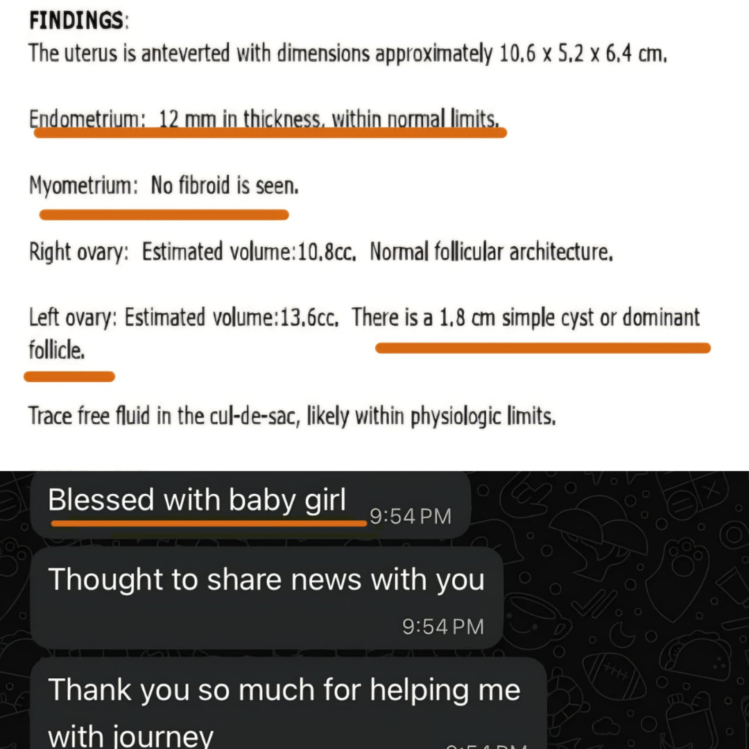 Ultrasound report showing normal endometrial thickness, no fibroids, normal right ovary, and a simple cyst or dominant follicle in the left ovary, paired with a client message sharing the birth of a baby girl and thanking Nutrition In Sync for support.
