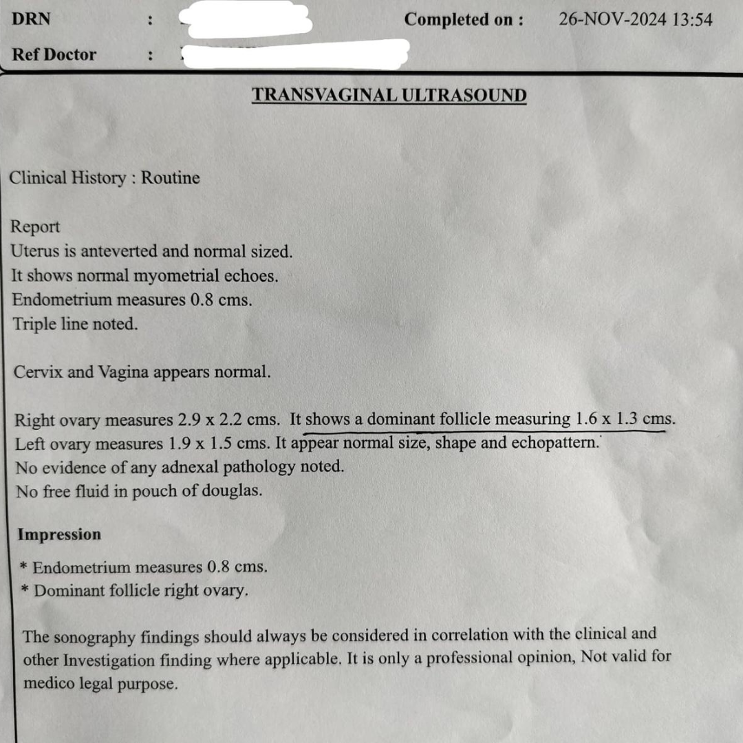 transvaginal ultrasound report showing a normal anteverted uterus, 0.8 cm endometrial thickness with triple-line pattern, and a dominant follicle in the right ovary measuring 1.6 × 1.3 cm.