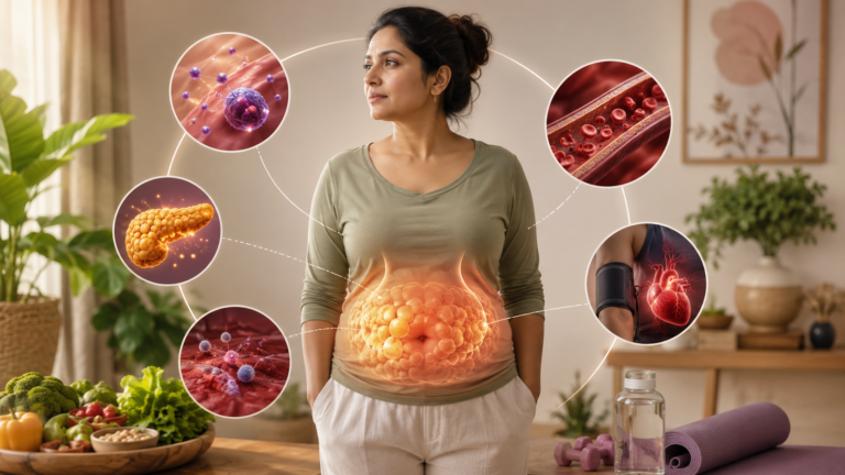 Woman with visual markers of insulin resistance, belly fat, blood vessel changes, diabetes risk, and high blood pressure connection.