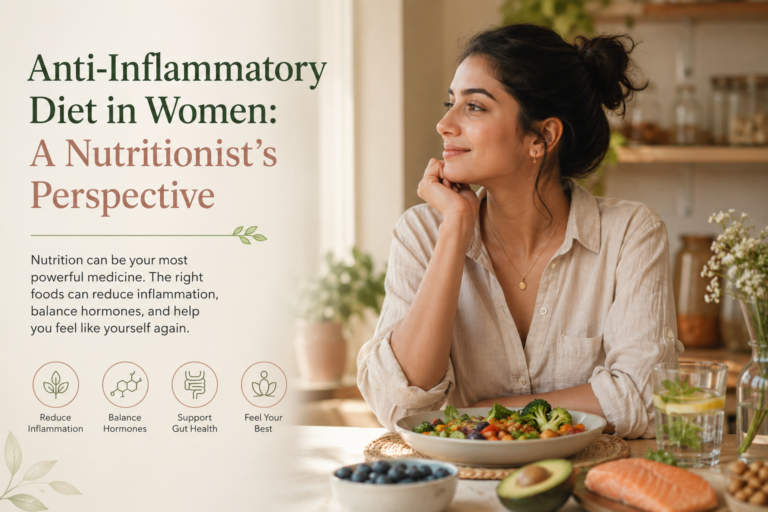 Woman eating an anti-inflammatory meal with colorful vegetables, healthy fats, and gut-supportive foods for hormonal balance.