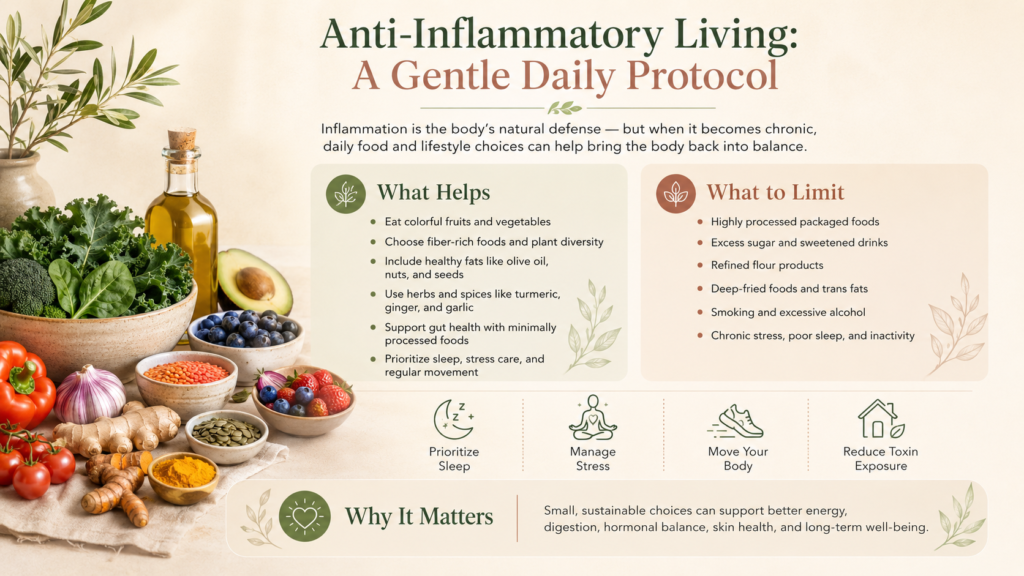 Anti-inflammatory living protocol showing foods and lifestyle habits that support gut health, hormonal balance, and reduced inflammation in women.