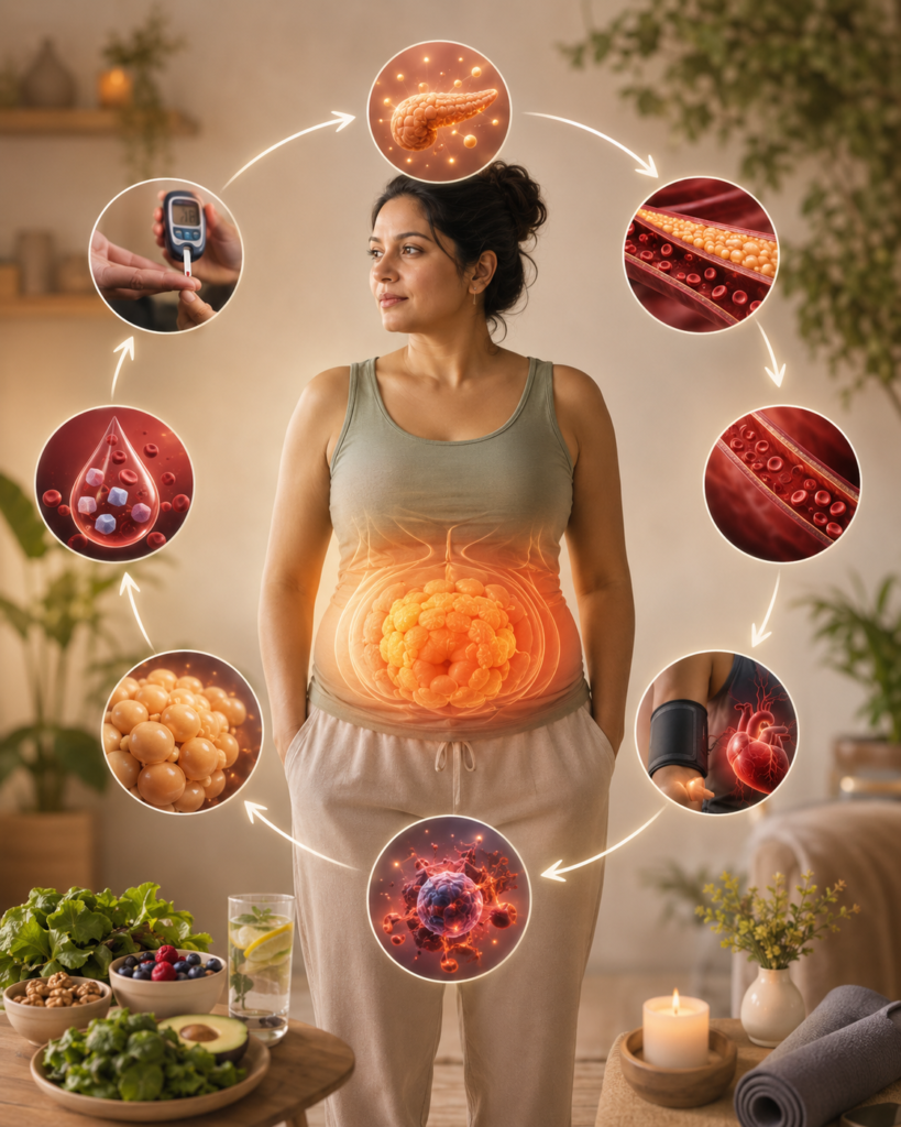 Woman with visceral belly fat and visual markers showing the connection between insulin resistance, blood sugar, inflammation, and high blood pressure.
