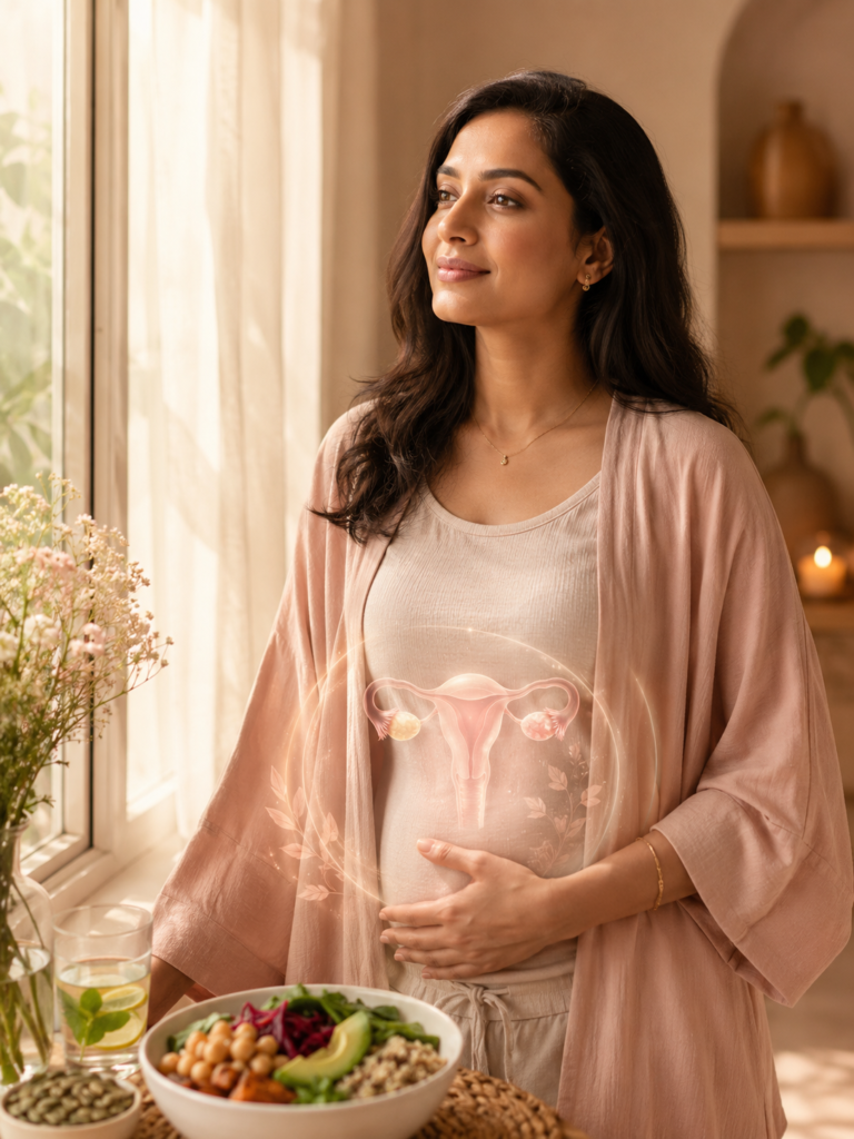 Indian woman standing by a window with a nourishing meal in front of her, with a soft fertility illustration symbolising reproductive health and preconception wellness.