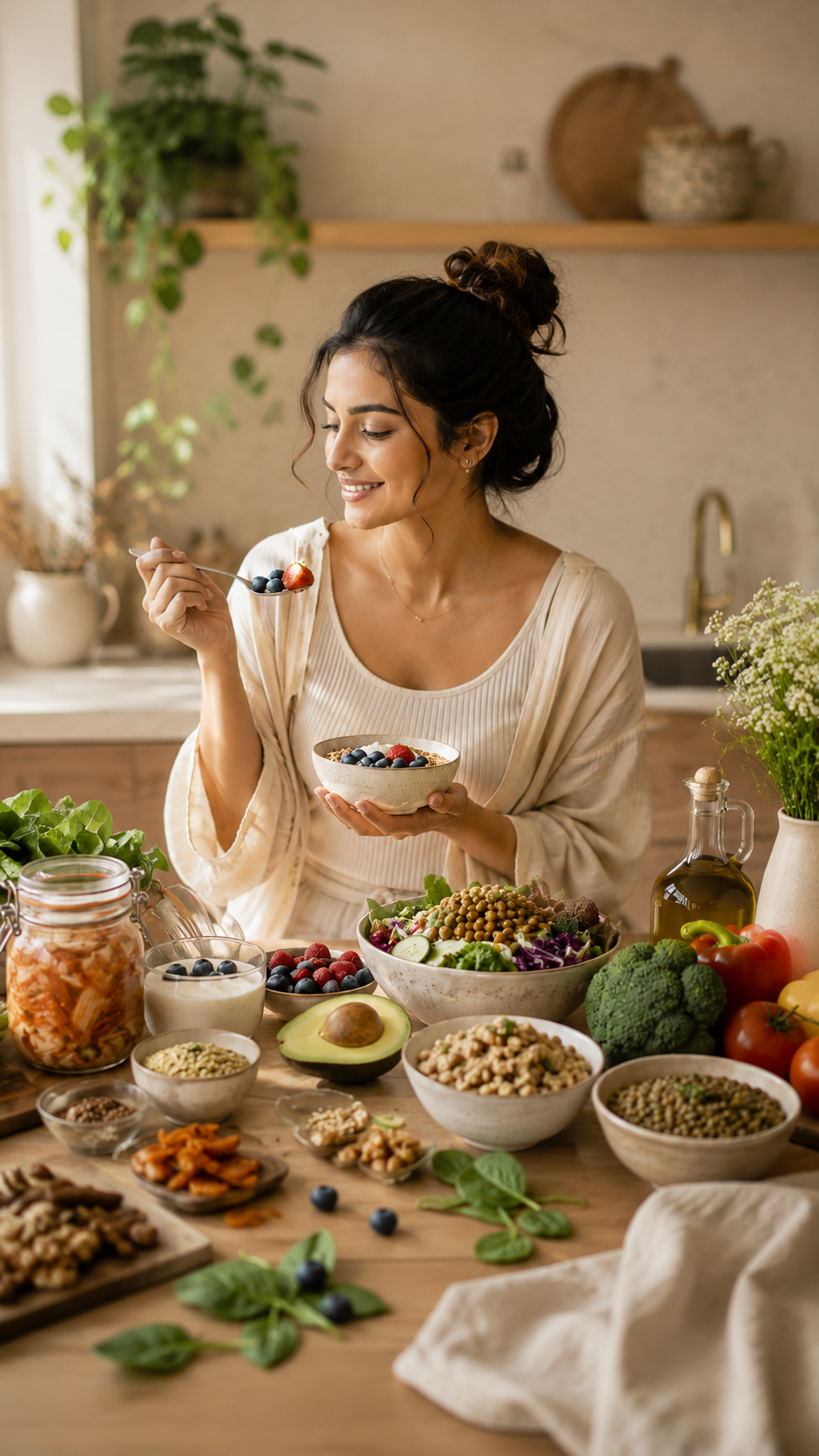 Woman eating a gut-friendly anti-inflammatory meal with berries, fermented foods, leafy greens, legumes, and healthy fats.