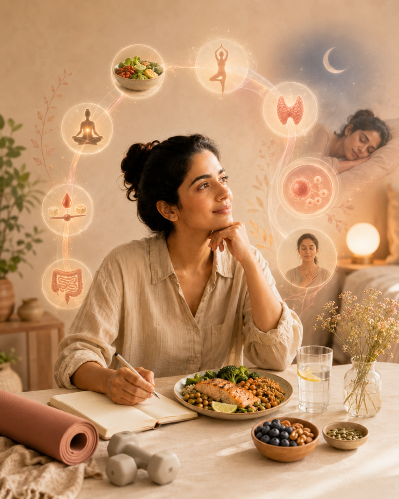 Woman journaling beside a nourishing meal, with soft wellness visuals representing sleep, movement, gut health, blood sugar, thyroid health and fertility.
