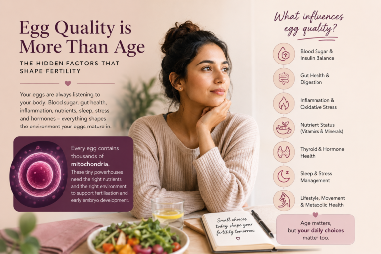 Woman reflecting on fertility health beside a nourishing meal, highlighting that egg quality is shaped by more than age.