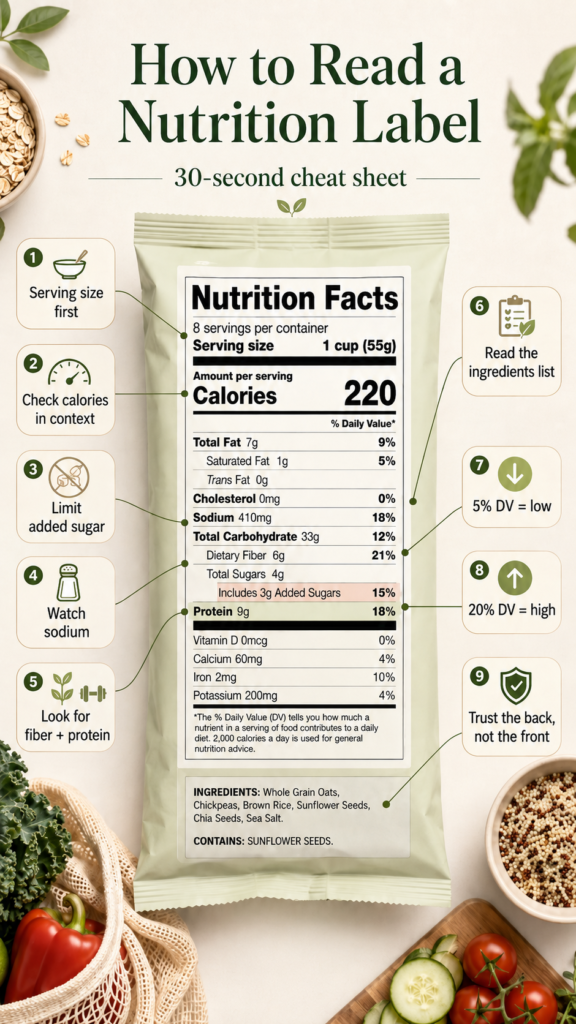 Nutrition label cheat sheet showing how to read serving size, calories, added sugar, sodium, fiber, protein, ingredients list, and daily value.
