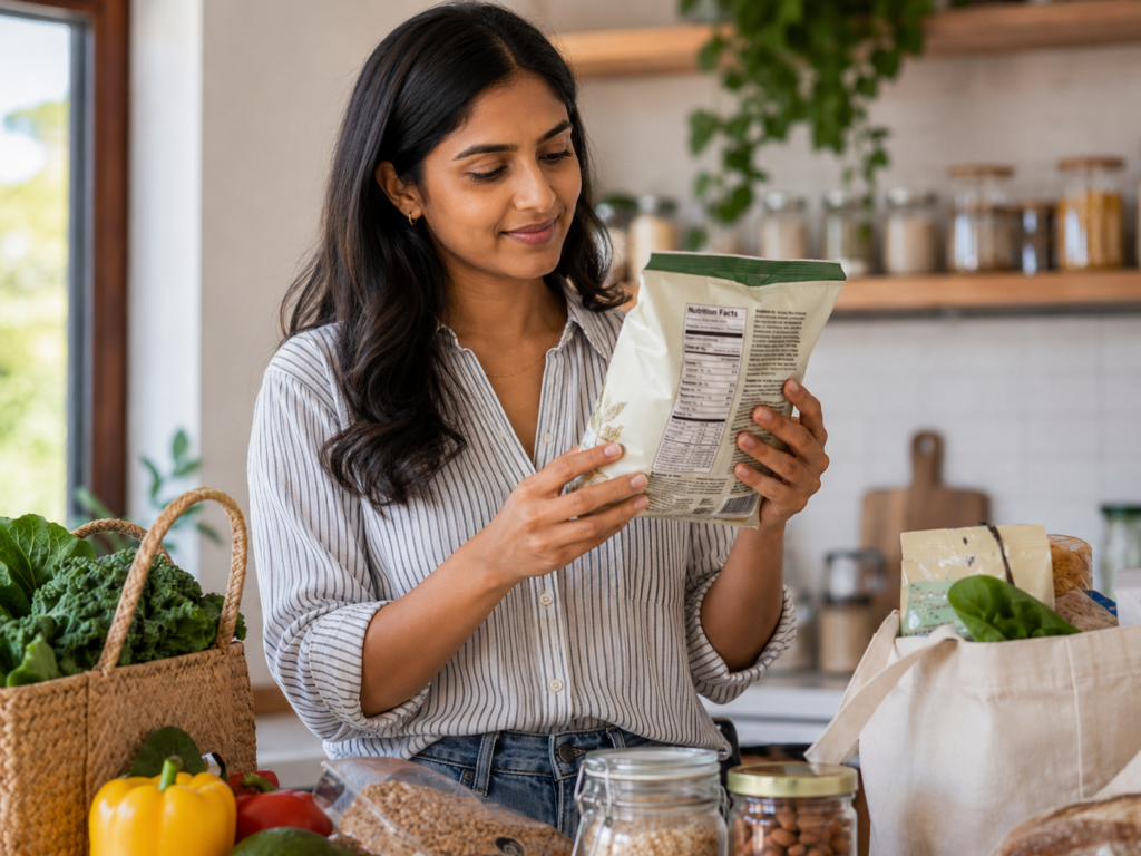 Indian woman reading a nutrition facts label on packaged food in a kitchen.