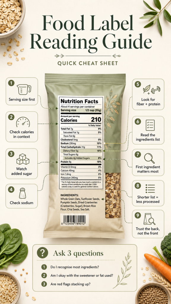 Food label reading guide cheat sheet showing serving size, calories, added sugar, sodium, fiber, protein, ingredients list, and red flag checklist.