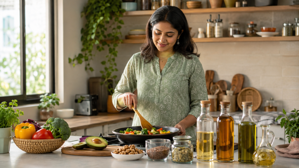 Indian woman cooking vegetables with different cooking oils in a kitchen.