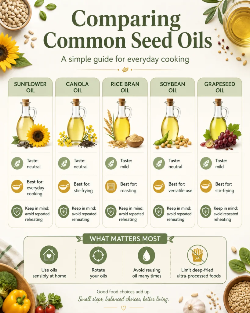 Comparison chart of common seed oils for everyday cooking, including sunflower, canola, rice bran, soybean, and grapeseed oil.