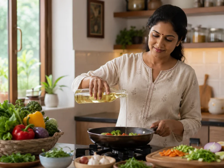 Indian woman pouring seed oil into a pan while cooking vegetables in a kitchen.