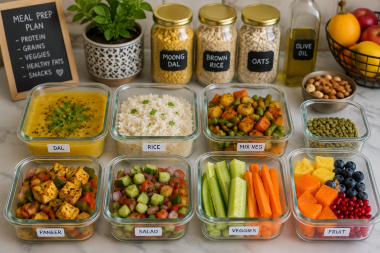 Kitchen counter with weekly meal prep boxes: dal, rice, sabzi, chopped vegetables, nuts, and fruit.