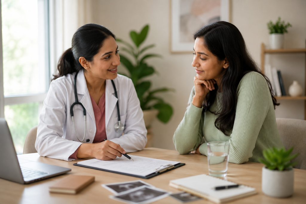 Indian woman discussing thyroid and pregnancy care with a doctor in a clinic.