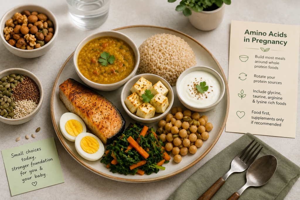 Amino acid-rich pregnancy meal with dal, rice, fish, eggs, paneer, curd, chickpeas, seeds, and leafy vegetables.