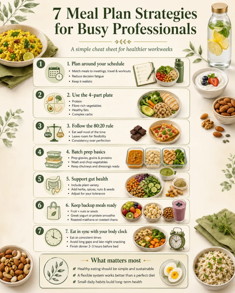 7 meal plan strategies cheat sheet for busy professionals with balanced meals, batch prep, gut health, backup snacks, and meal timing tips.