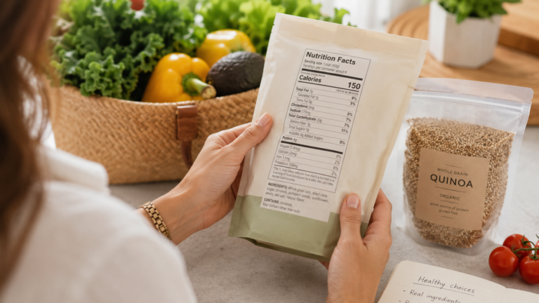Person reading a nutrition label on packaged food