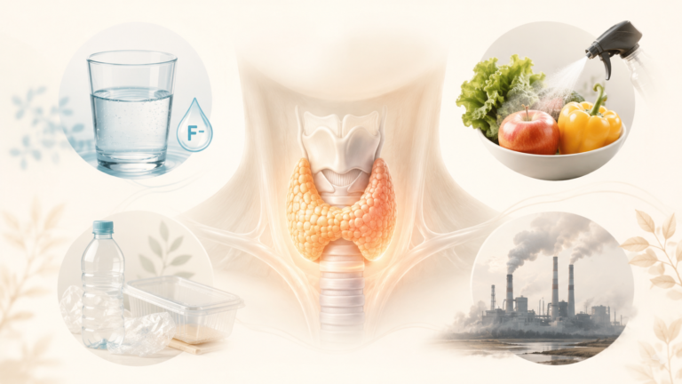 Thyroid gland surrounded by environmental exposure sources including fluoride in water, pesticides, plastics and industrial air pollution.