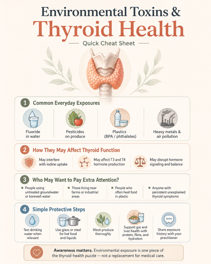 Environmental toxins and thyroid health cheat sheet covering common exposures, their possible effects on thyroid function and practical protective steps.