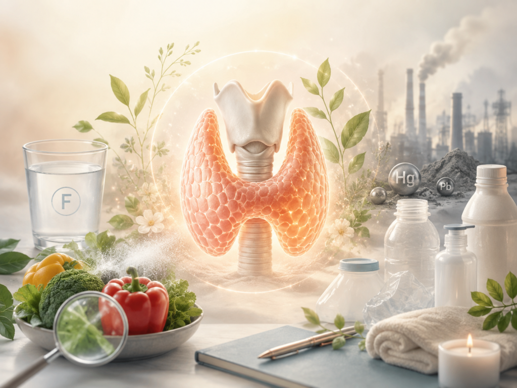 Illustration of the thyroid gland surrounded by fluoride-contaminated water, plastic containers, heavy metals, air pollution and fresh vegetables.