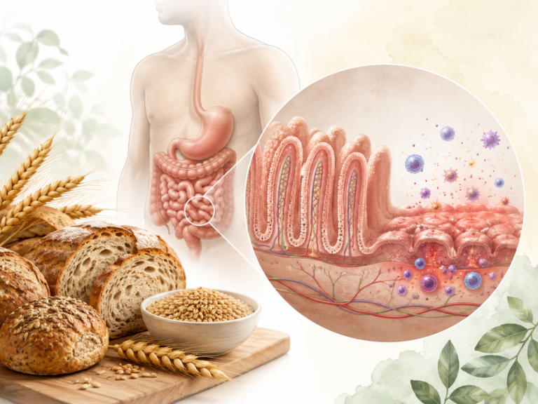 Medical illustration showing gluten-containing foods triggering an immune response and damaging the small intestinal villi in celiac disease.