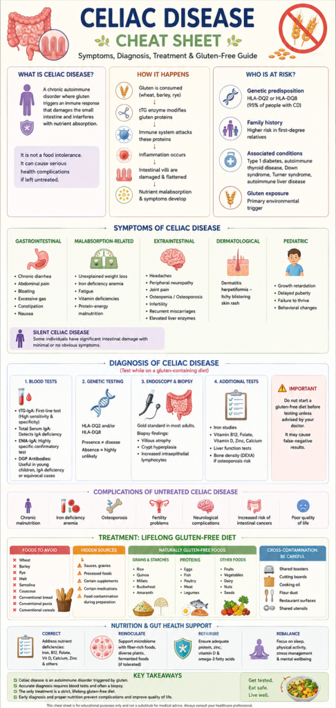 Vertical celiac disease cheat sheet infographic covering causes, symptoms, diagnosis, complications, gluten-free treatment, cross-contamination risks and nutritional support.