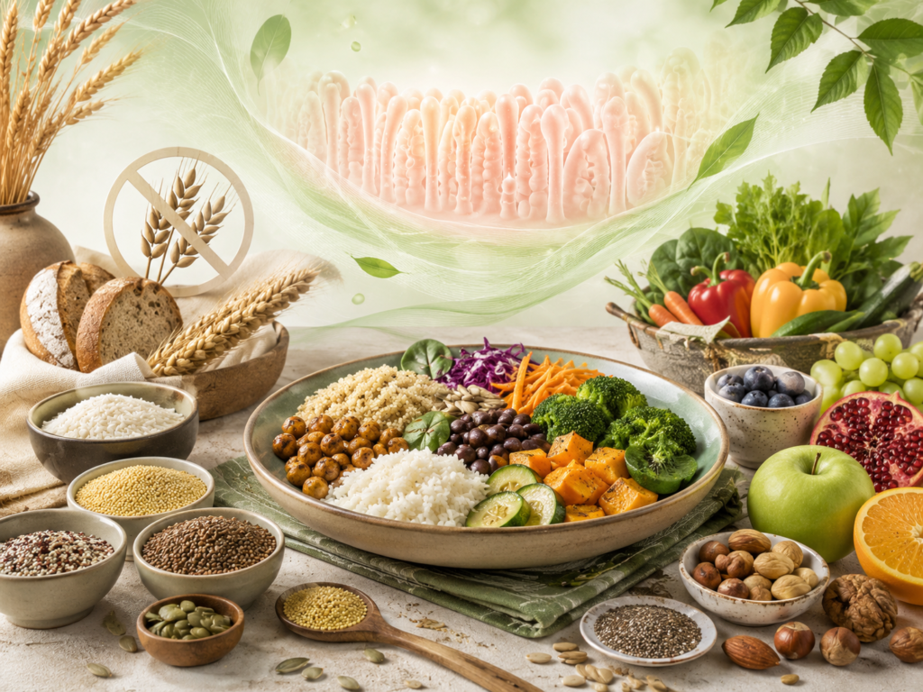 Gluten-free meal with rice, quinoa, legumes, vegetables, fruits, nuts and seeds supporting gut recovery in celiac disease.