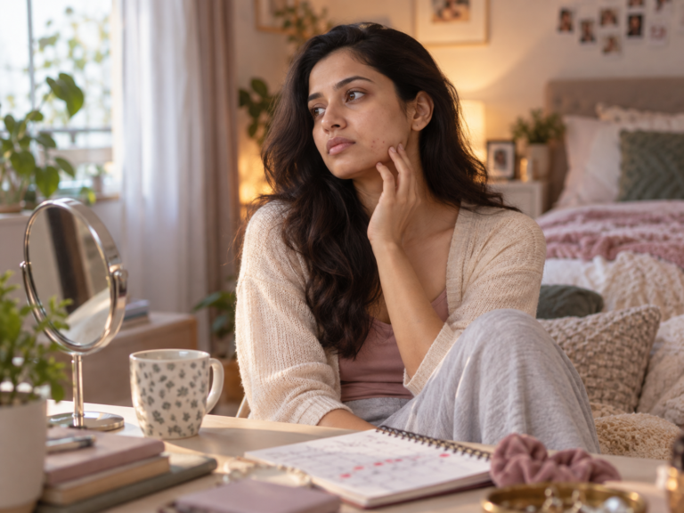 Indian woman with acne looking thoughtful beside a mirror and cycle tracker, reflecting on possible lean PMOS symptoms.