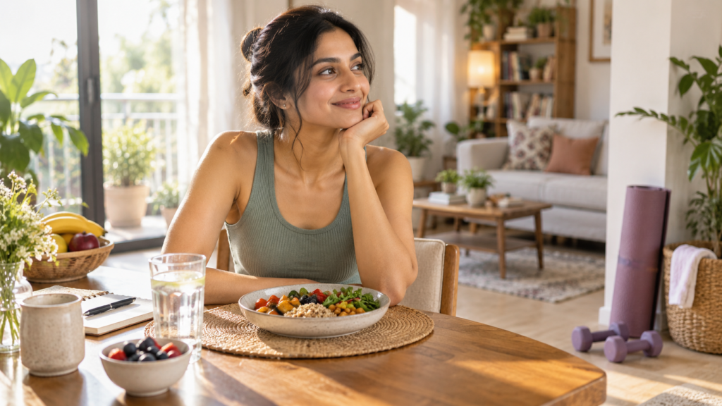 Indian woman with lean PMOS eating a balanced meal at home with yoga mat and dumbbells nearby.