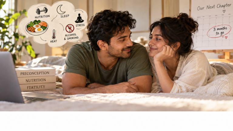 South Asian couple planning zero trimester nutrition together with preconception books, fertility calendar, and wellness icons for sperm health.