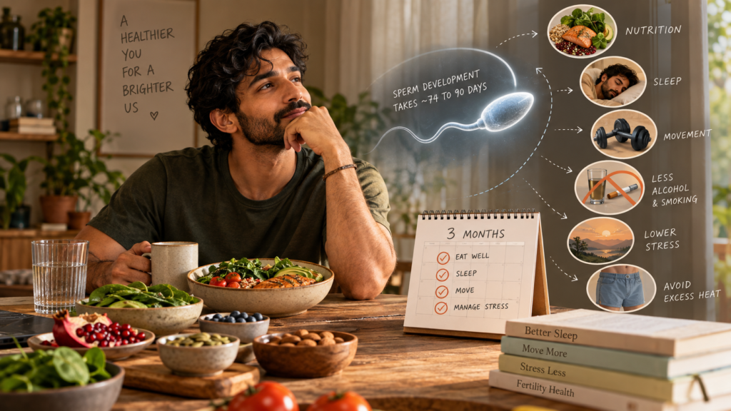 Man planning male preconception health with nutritious foods, three-month sperm development calendar, and lifestyle icons for sleep, movement, stress, alcohol, and heat.