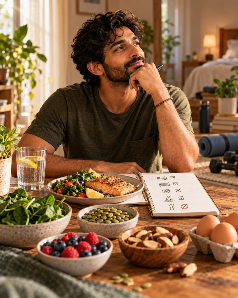 Man planning male preconception health with nutritious foods, three-month sperm development calendar, and lifestyle icons for sleep, movement, stress, alcohol, and heat.