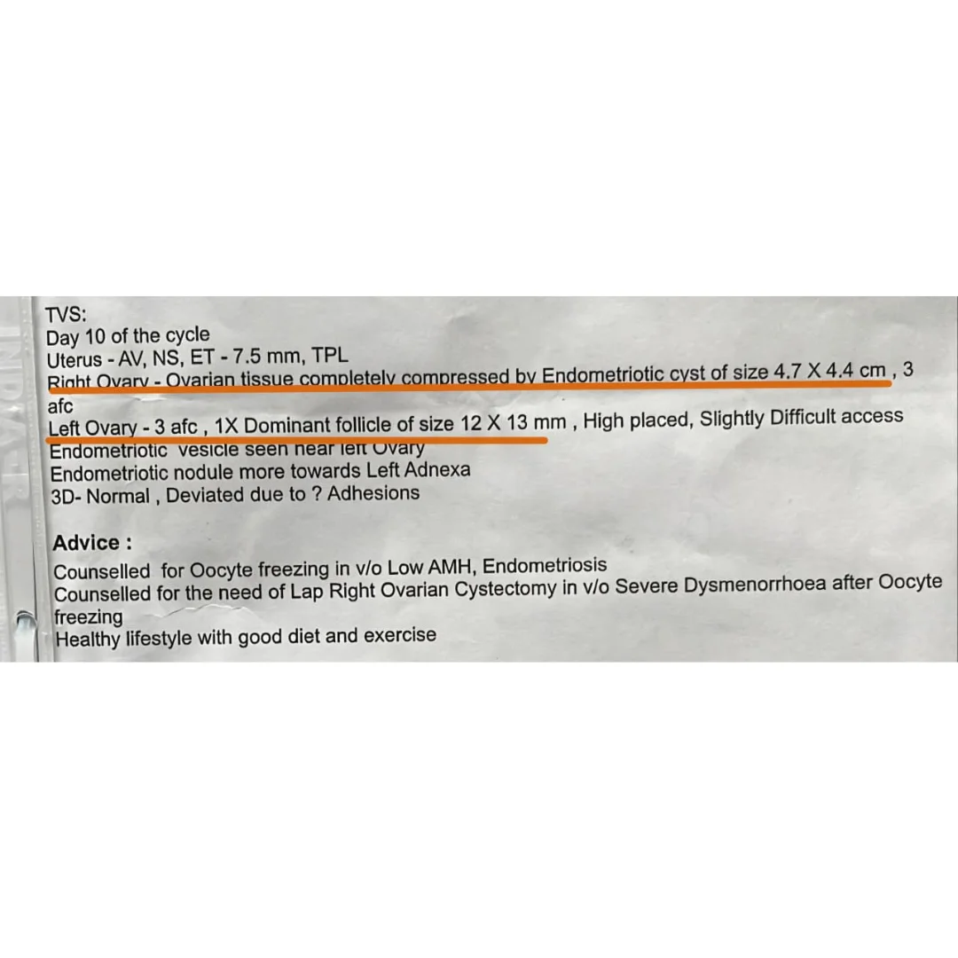 Pelvic ultrasound report showing right ovarian cyst with internal echoes and normal uterus findings.
