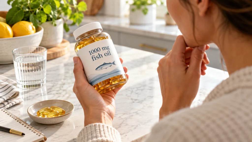 Woman taking an omega-3 capsule with a balanced meal of salmon, avocado, eggs, nuts, and water in a sunlit kitchen.