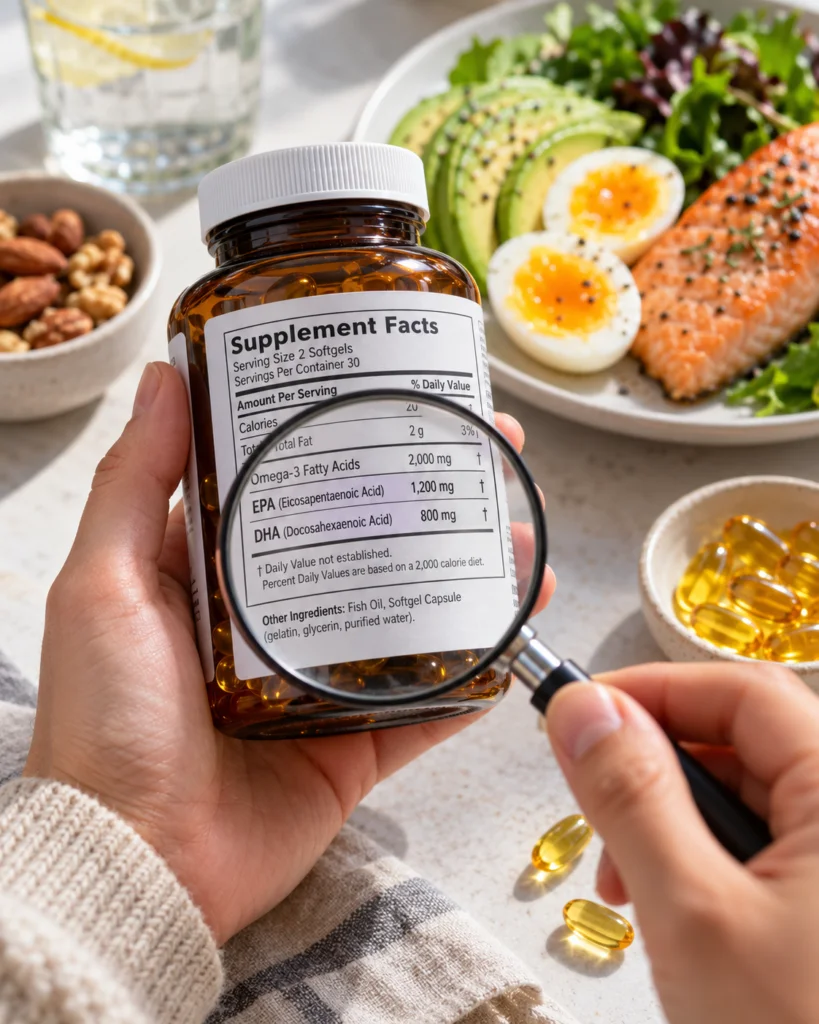 Close-up of a fish oil supplement bottle with the Supplement Facts panel magnified, showing EPA and DHA amounts beside salmon, eggs, avocado, and fish oil capsules.