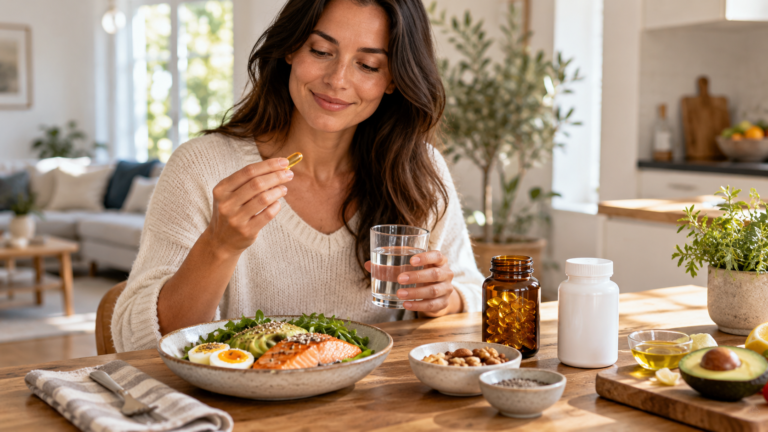 Person holding a fish oil bottle labelled 1000 mg in a bright kitchen, highlighting confusion around fish oil versus actual omega-3 content.